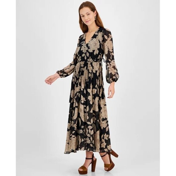 Taylor Womens Floral Chiffon V Neck Pleated Maxi Dress Black Taupe Size 16 NWT - Picture 2 of 5